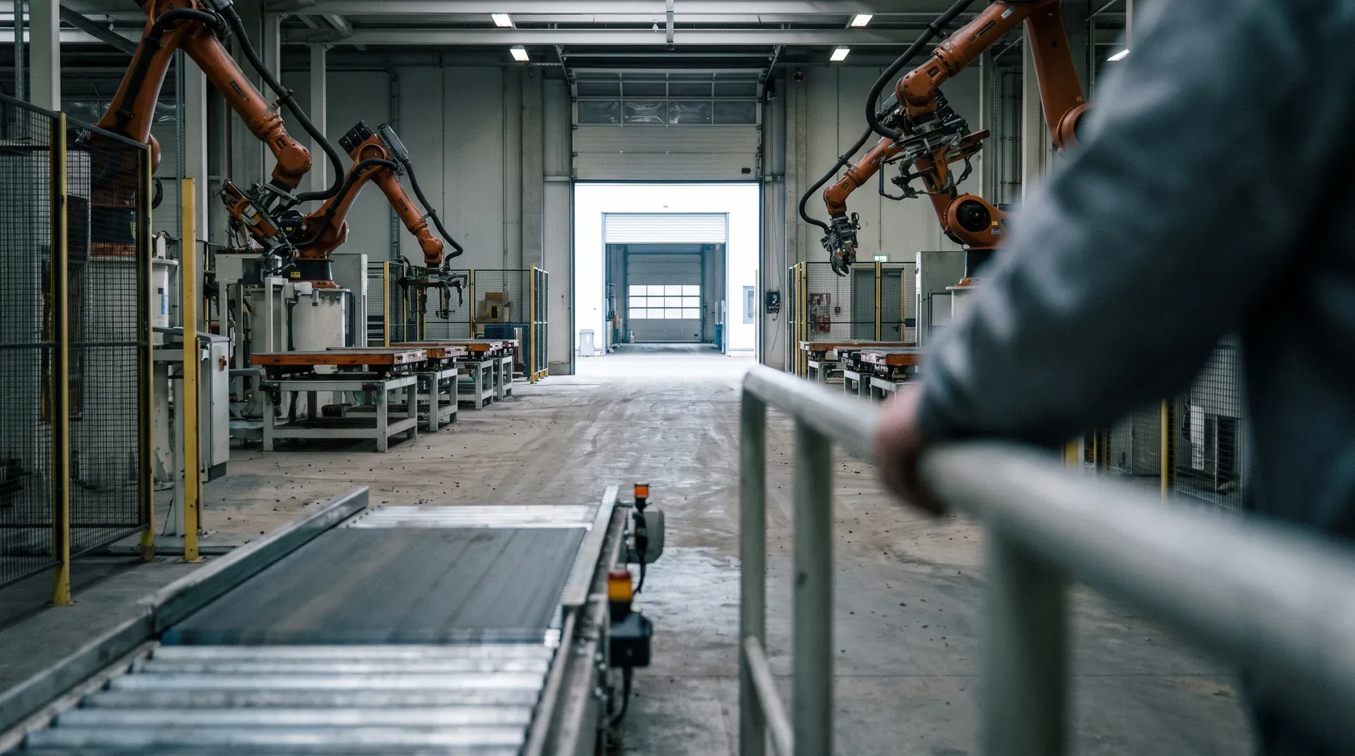 Industriële fabricagehal met grote robotarmen boven werktafels en transportbanden, zicht op uitgang