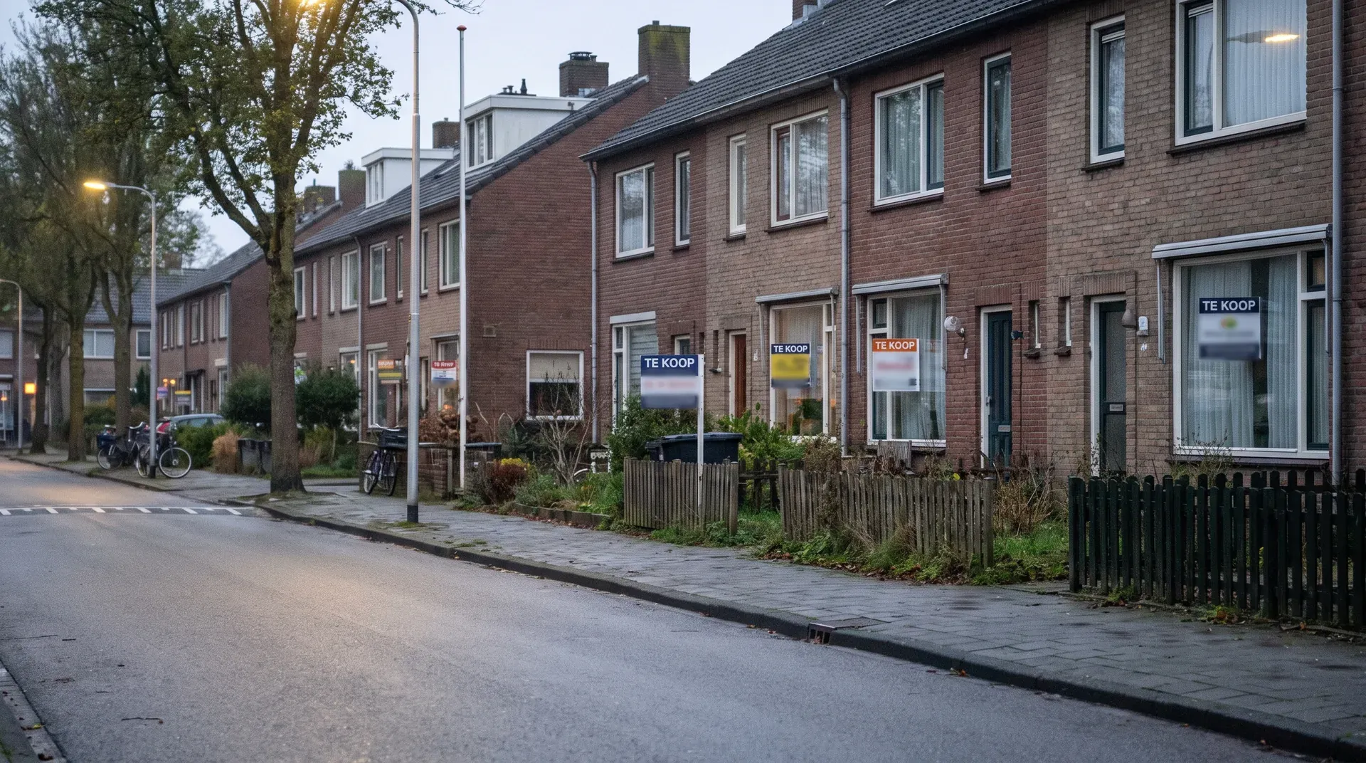 Rijenhuizen met 'te koop' borden aan straat met fietsen en bomen