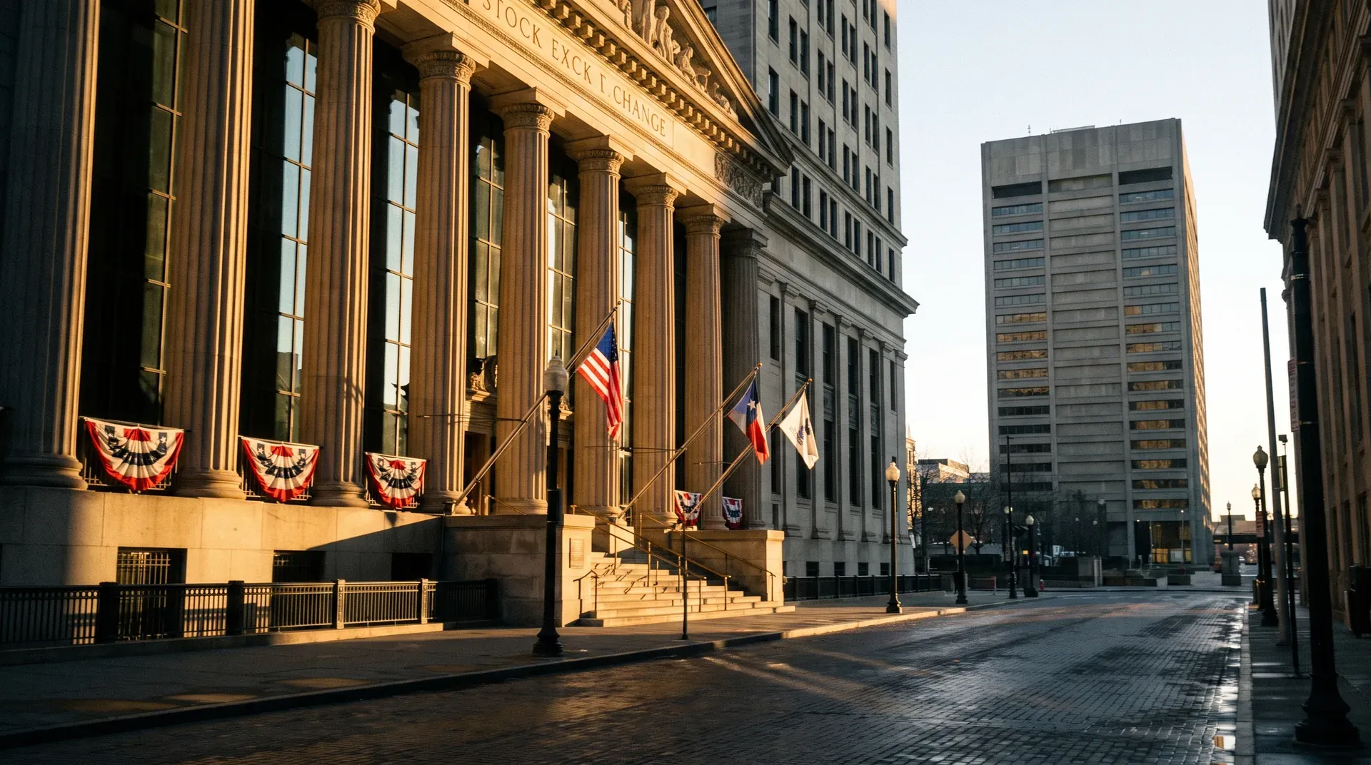 Klassiek gebouw met zuilen en Amerikaanse vlag in financieel district, moderne wolkenkrabbers op achtergrond