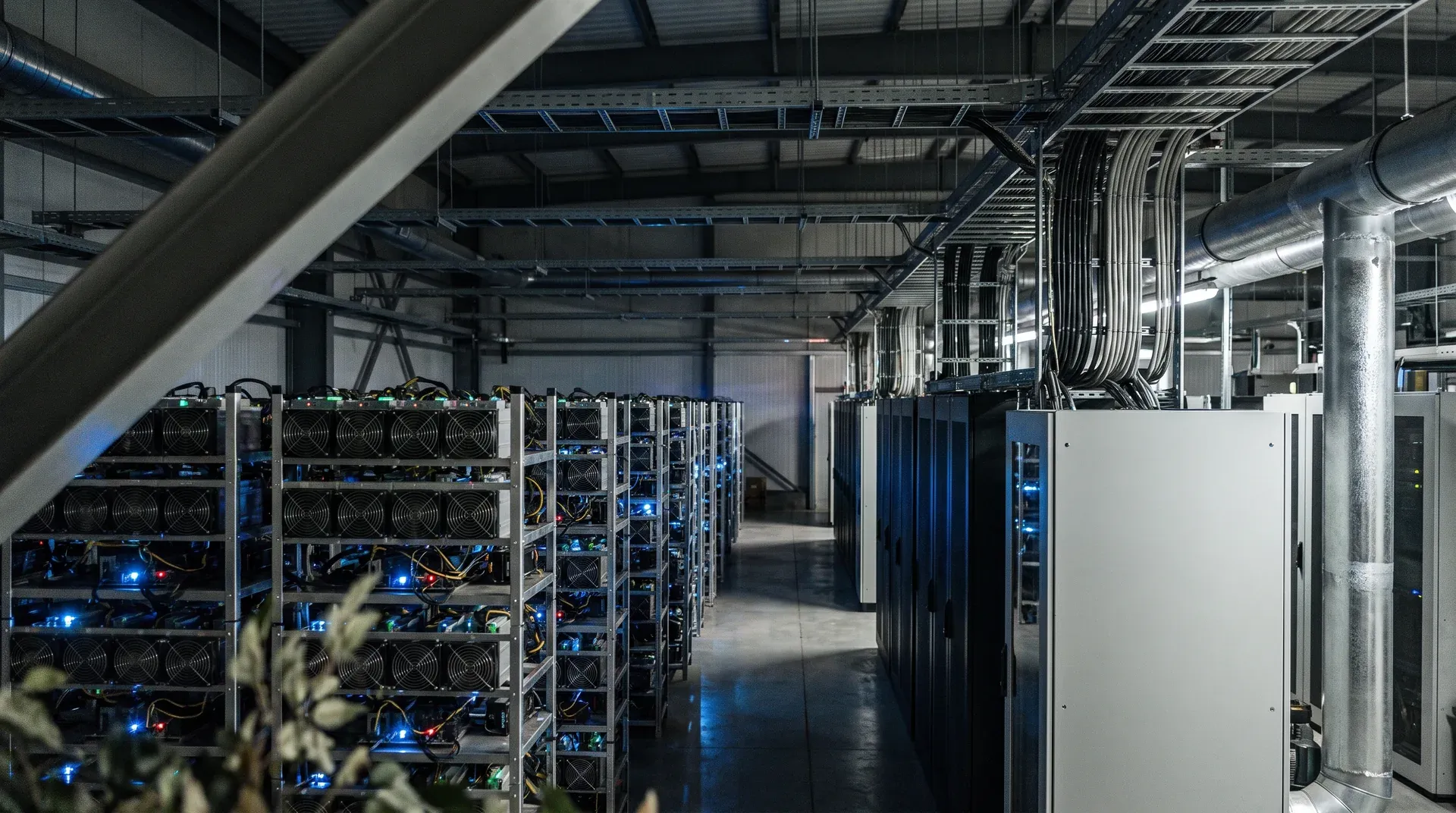 Industrieel datacenter met mining-hardware, serverracks en koelingsbuizen in magazijn