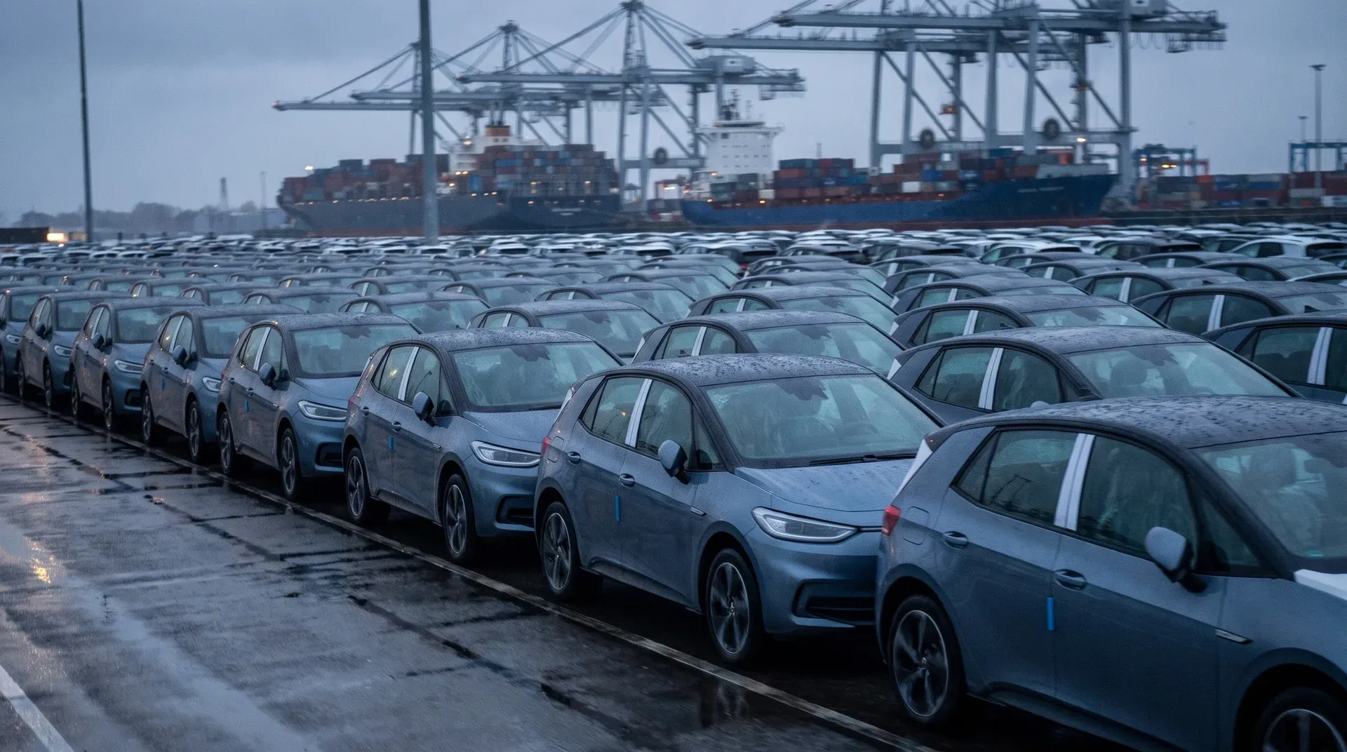 Rijen geparkeerde blauwe elektrische auto's op containerterminal met laadkranen en vrachtschepen