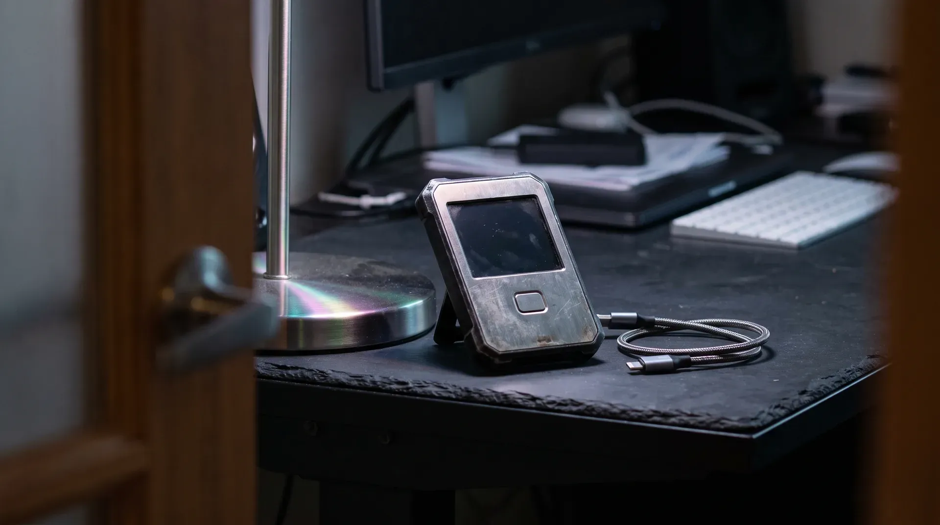 Vintage mobiele telefoon met oplaadkabel op donker bureau, naast cd en computerperipherie.