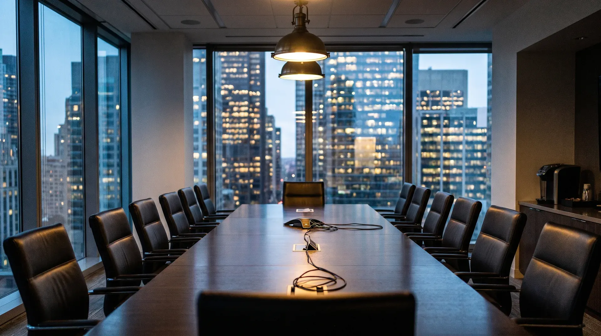 Moderne conferentiezaal met lange tafel, zwarte stoelen en uitzicht op verlichte wolkenkrabbers 's avonds