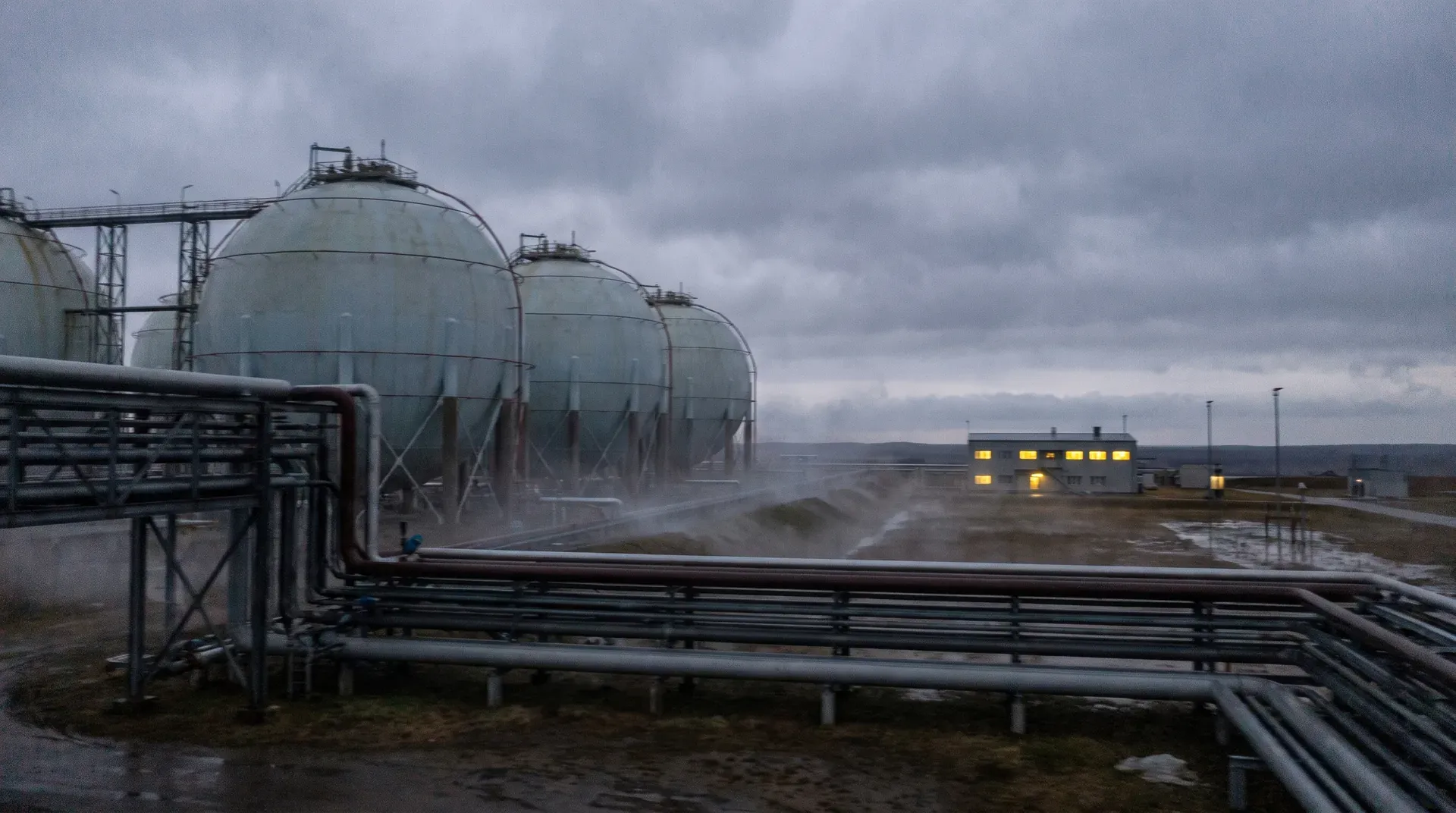 Industriële gasopslagfaciliteit met grote bolketels, pijpleidingen en kantoorgebouw op achtergrond