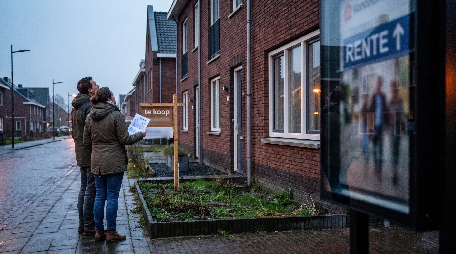 Stel kijkt naar 'te koop' bord bij rode bakstenen woning in Nederlandse woonstraat