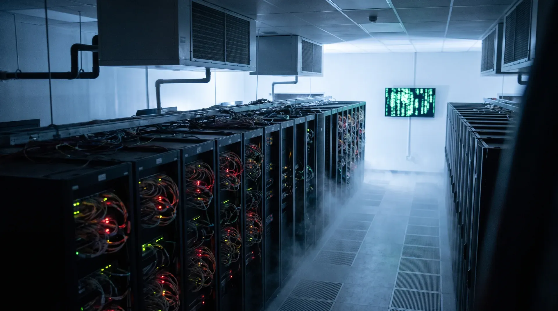 Serverruimte met zwarte racks, gloeiende indicator-LEDs, HVAC-units aan plafond, koude mist.