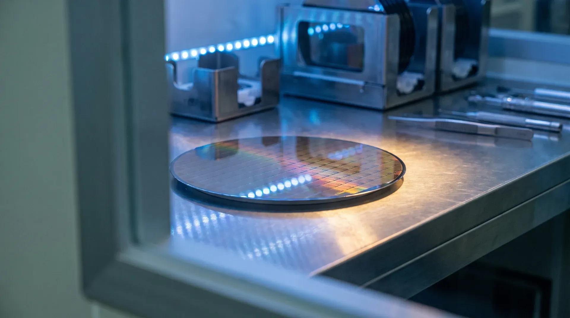 Siliciumwafer met circuitpatronen onder blauwe LED-verlichting in laboratoriumomgeving