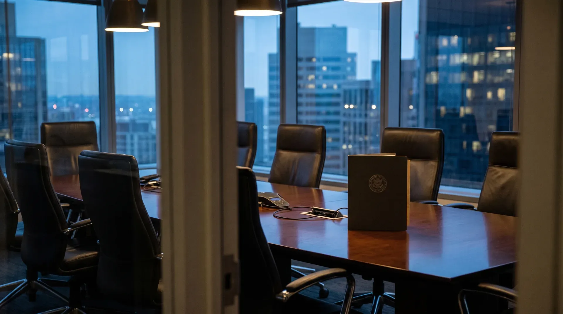 Modern conferentiezaal op hoog niveau met glazen wanden, leeg rond tafel, avondstadsgezicht op achtergrond