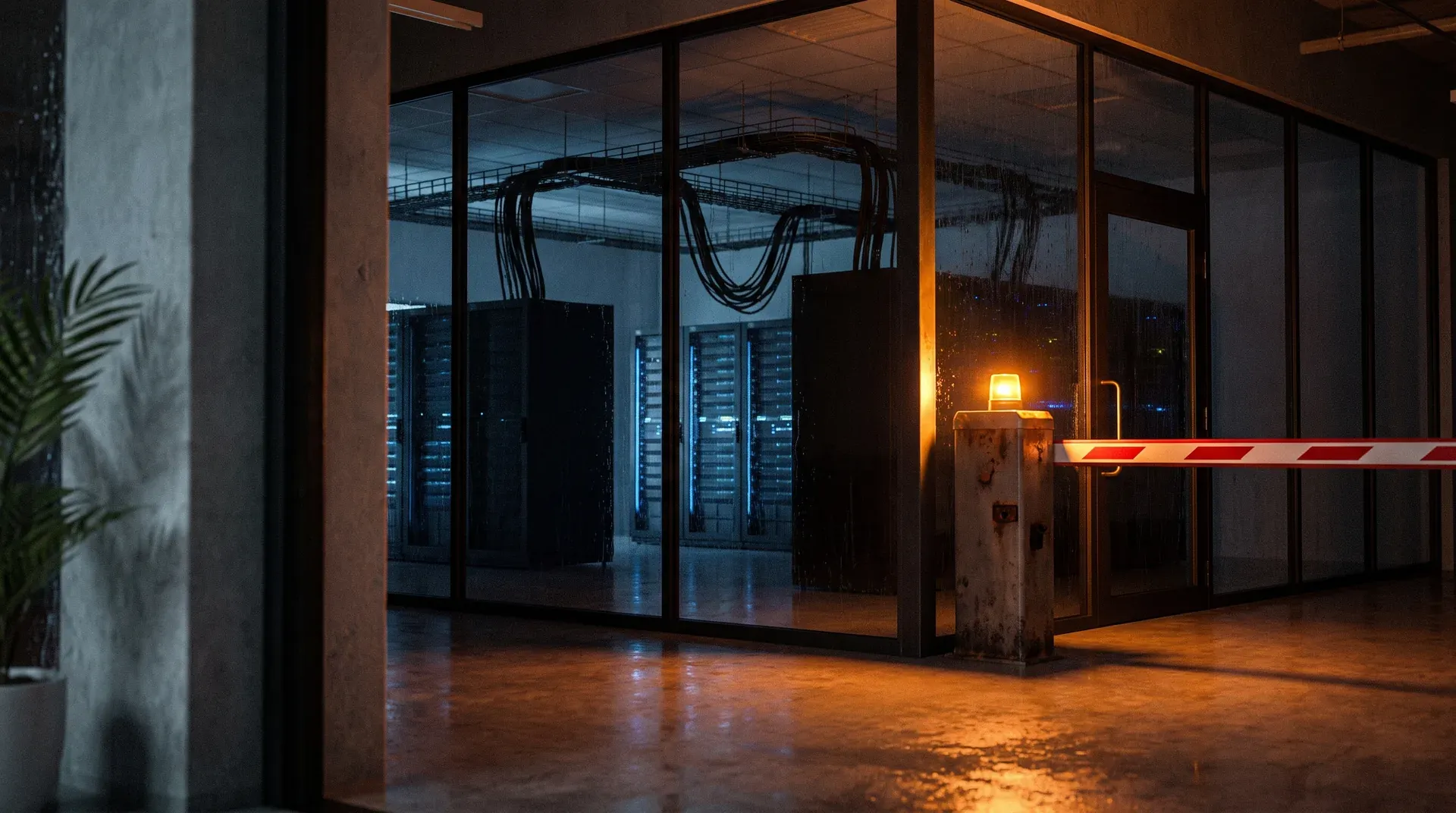 Donkere serverruimte met grote glazen deuren, rode waarschuwingsbarrier en netwerkkabels tegen avondlucht.