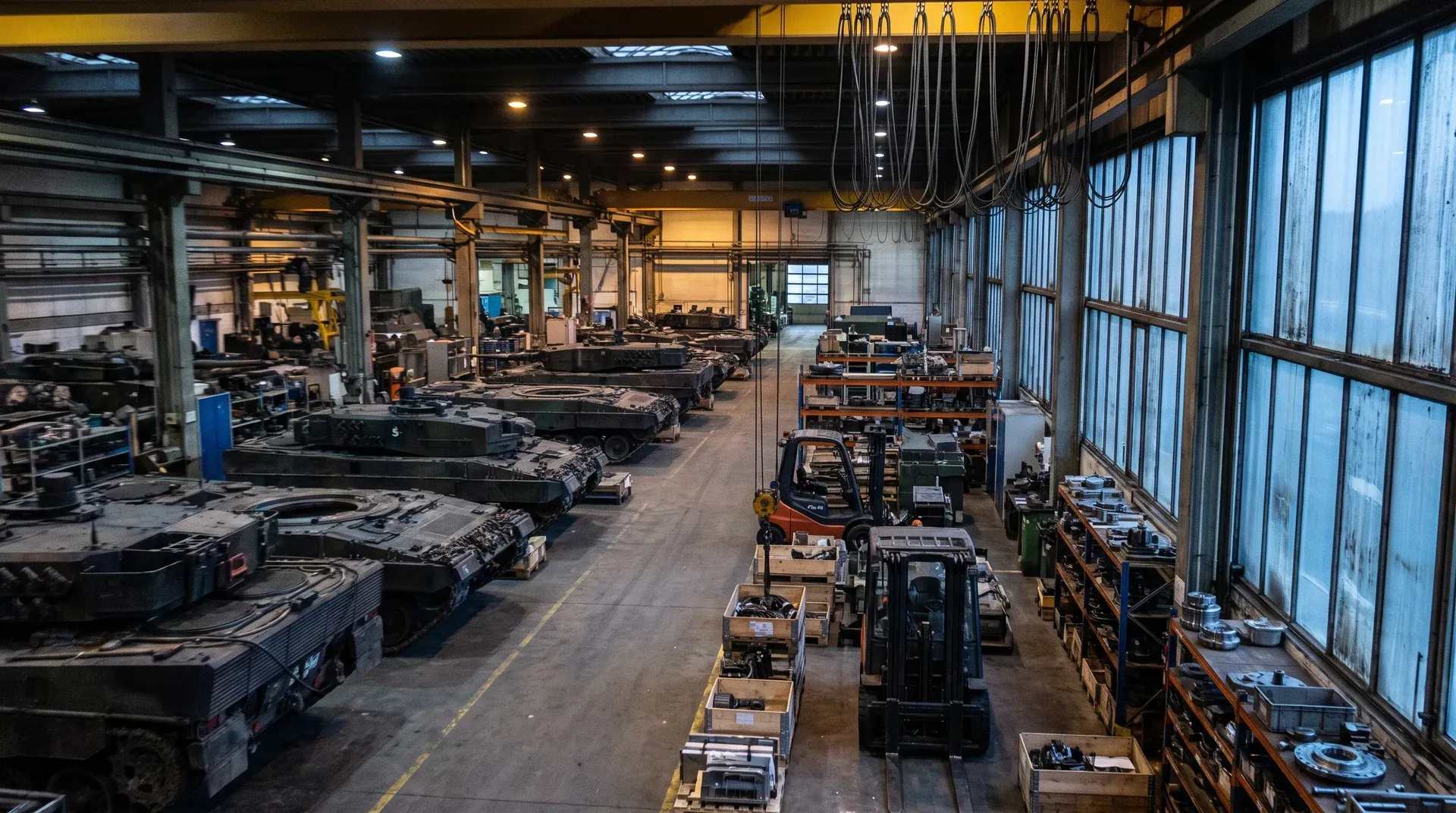 Industriële fabriekshal met zware bewapening, onderdelen en assemblage-voertuigen onder gele kraaninfrastructuur