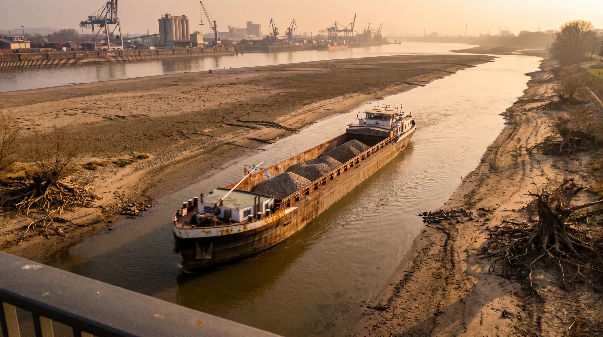 Vrachtschip op ondiep water tussen zandbanken bij industriële haven aan rivier