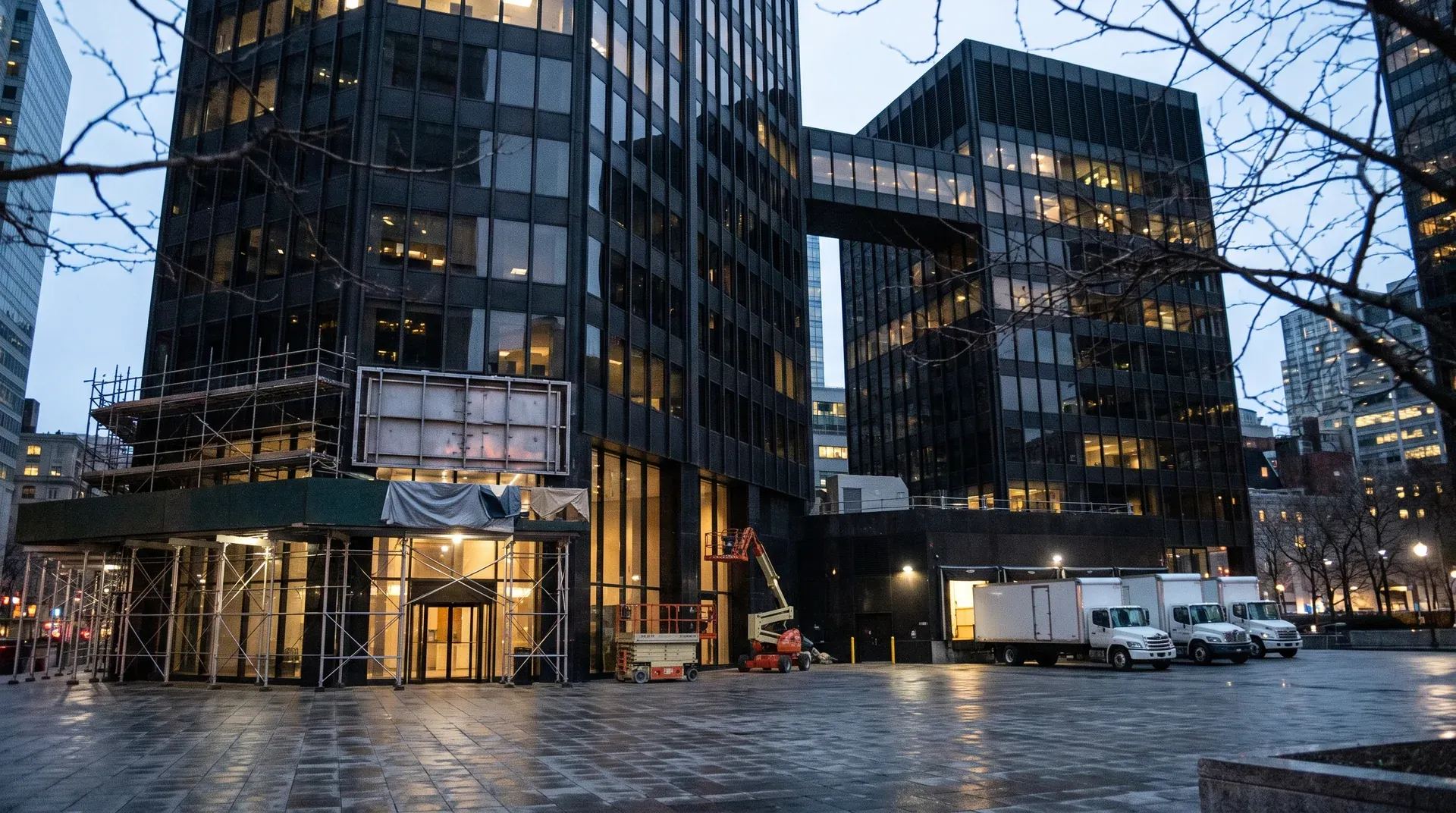 Modern glazen kantoorgebouwen met verlichte ramen in stedelijk centrum, bouwplaats met steigers en voertuigen.