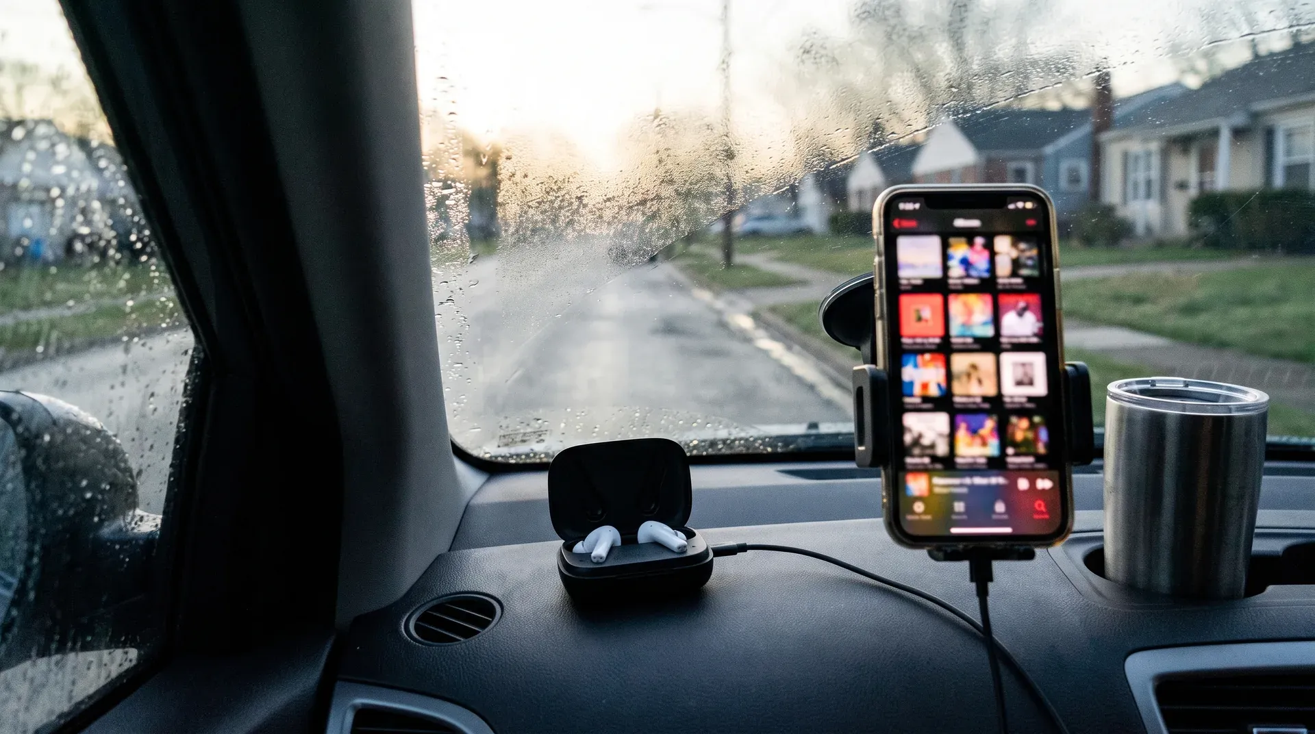 Smartphone in auto-dashboard houder met streaming app, oordopjes en thermosbeker zichtbaar, regenachtig raam op achtergrond