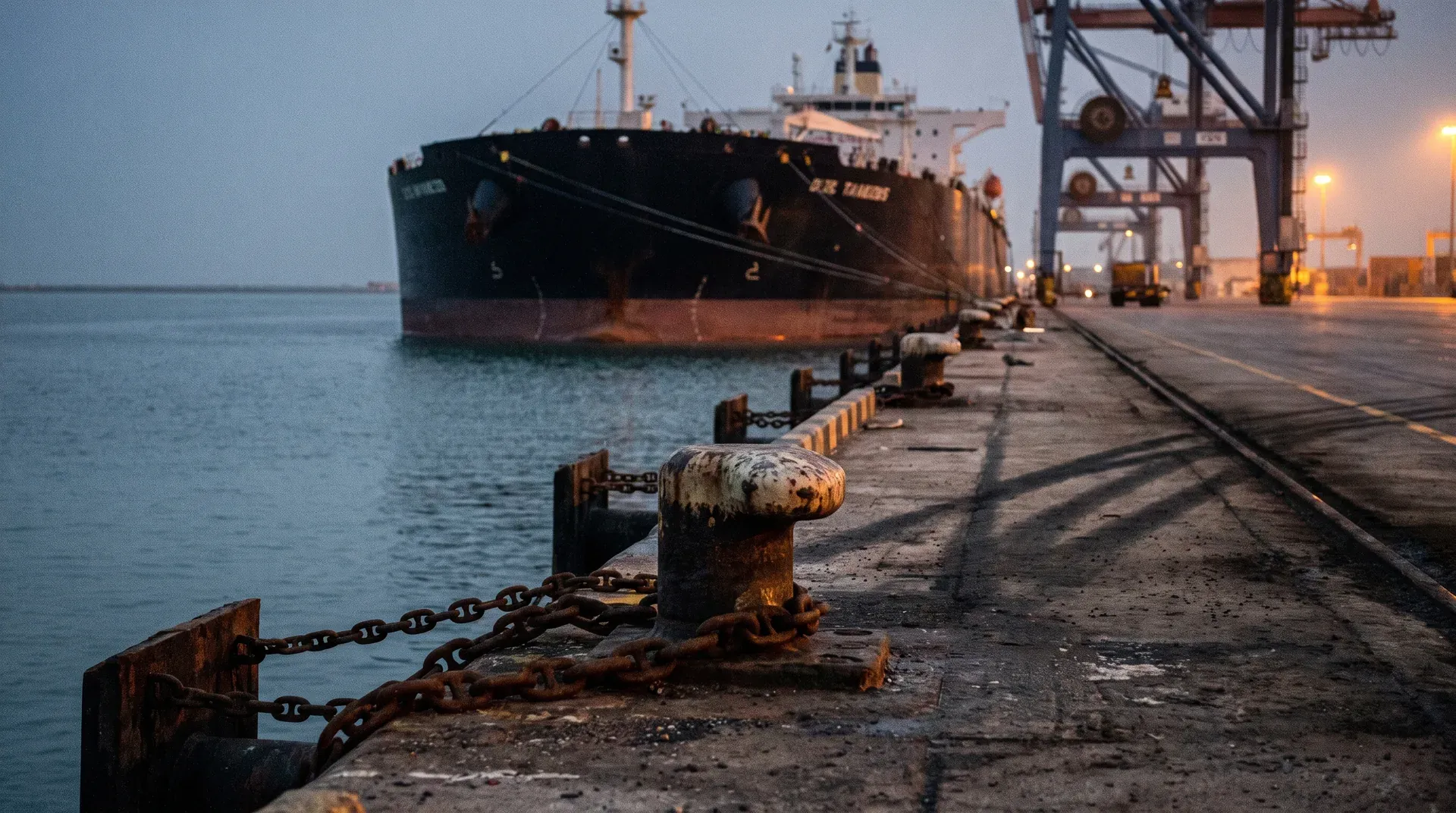 Tanker aangemeerd aan containerterminal bij schemering, roestige aanlegposten en hijskranen zichtbaar.