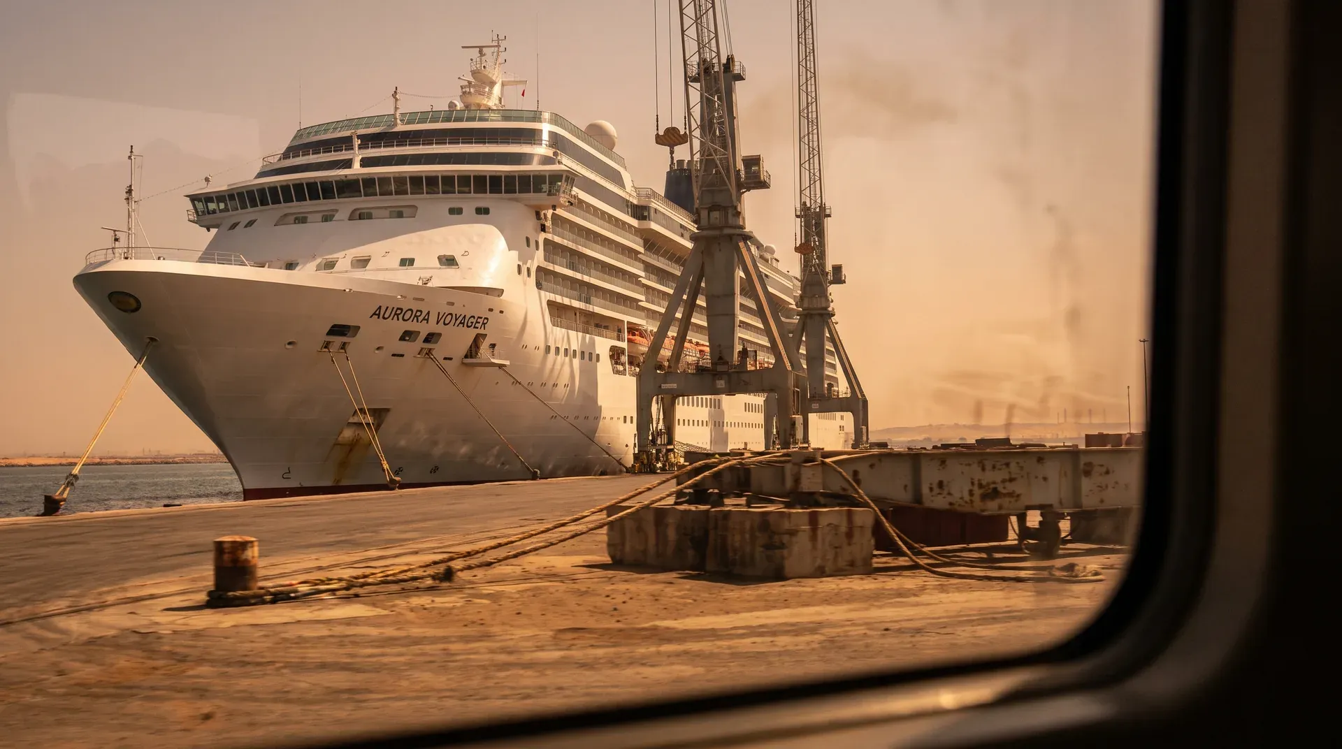 Cruiseschip Aurora Voyager aangemeerd aan kade met laadkranen, gouden zonsonderganglicht.