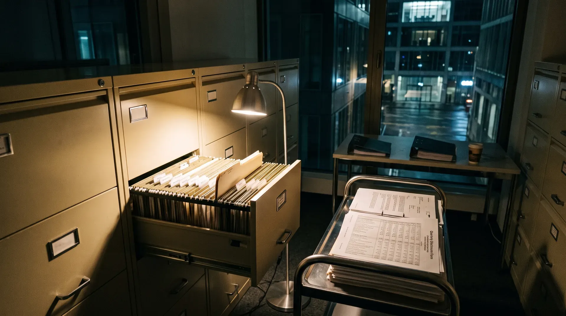 Kantoorscène met geopende archiefkast met dossiers en spreadsheets op bureau bij avond.