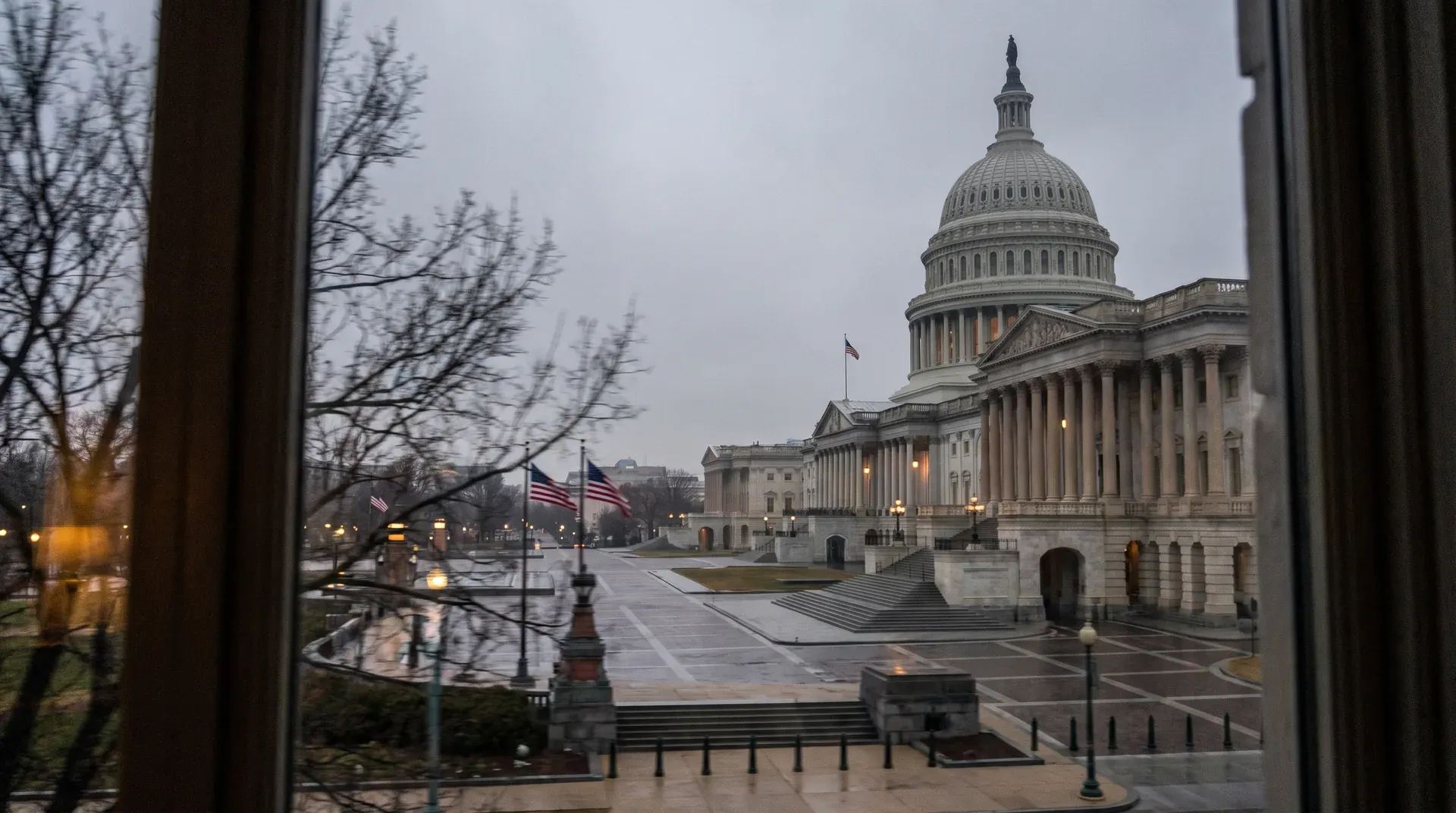 Het Capitool in Washington DC gezien door een raam, grijs weer, Amerikaanse vlaggen zichtbaar.