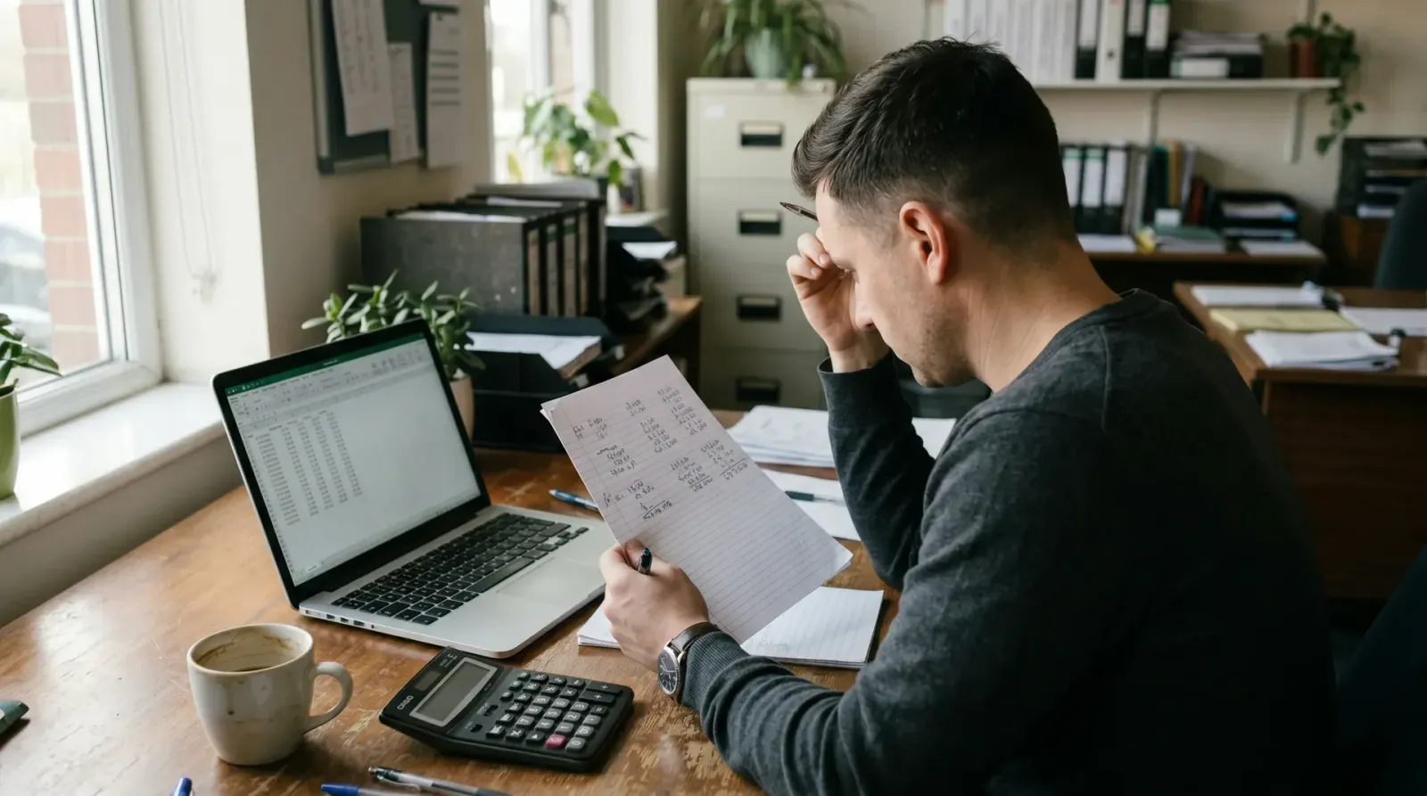 Man aan bureau met laptop en calculator bestudeert handgeschreven notities, koffiemok op houten werkplek.