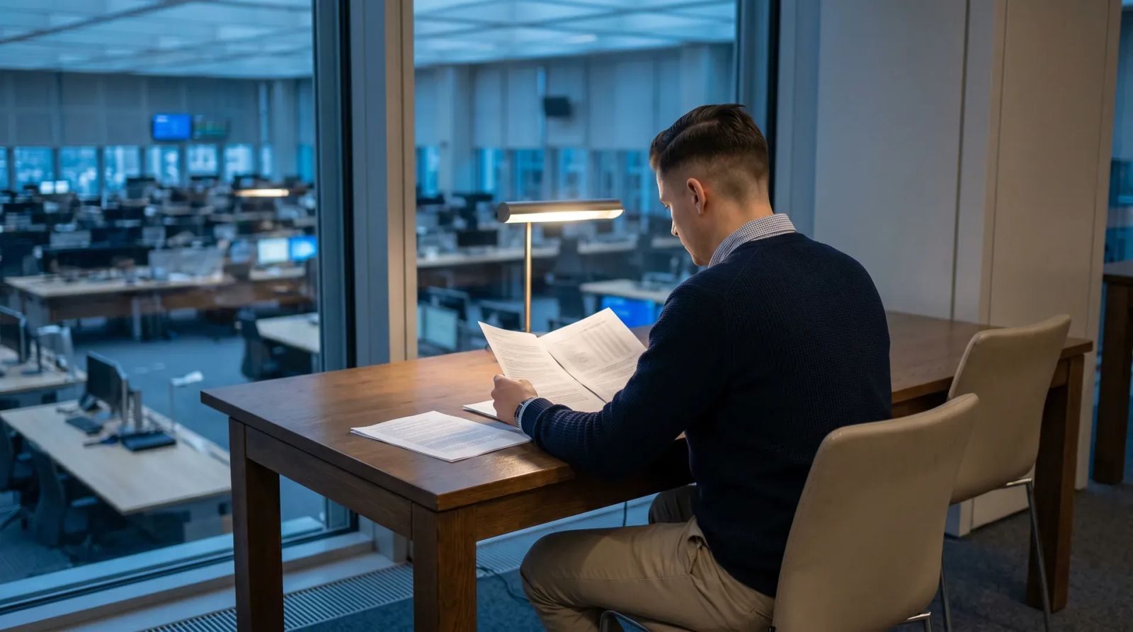 Man in kantoor leest document aan bureau met uitzicht op moderne zakendistrict bij schemering
