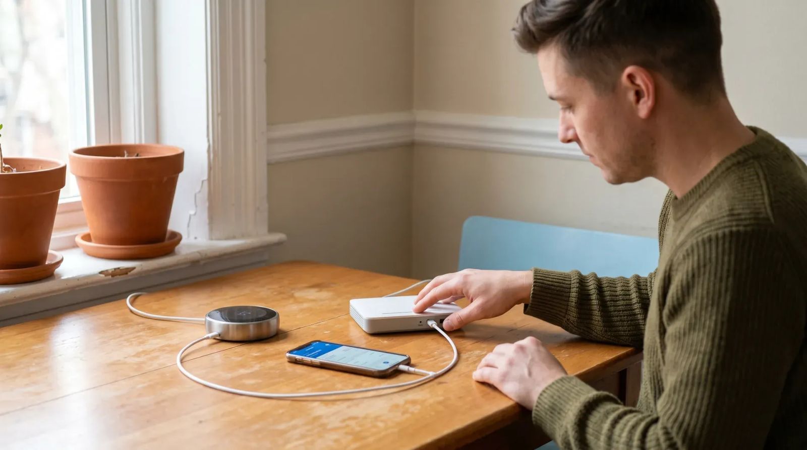 Man aan tafel met smartphone en powerbank, potplanten op vensterbank achter hem.