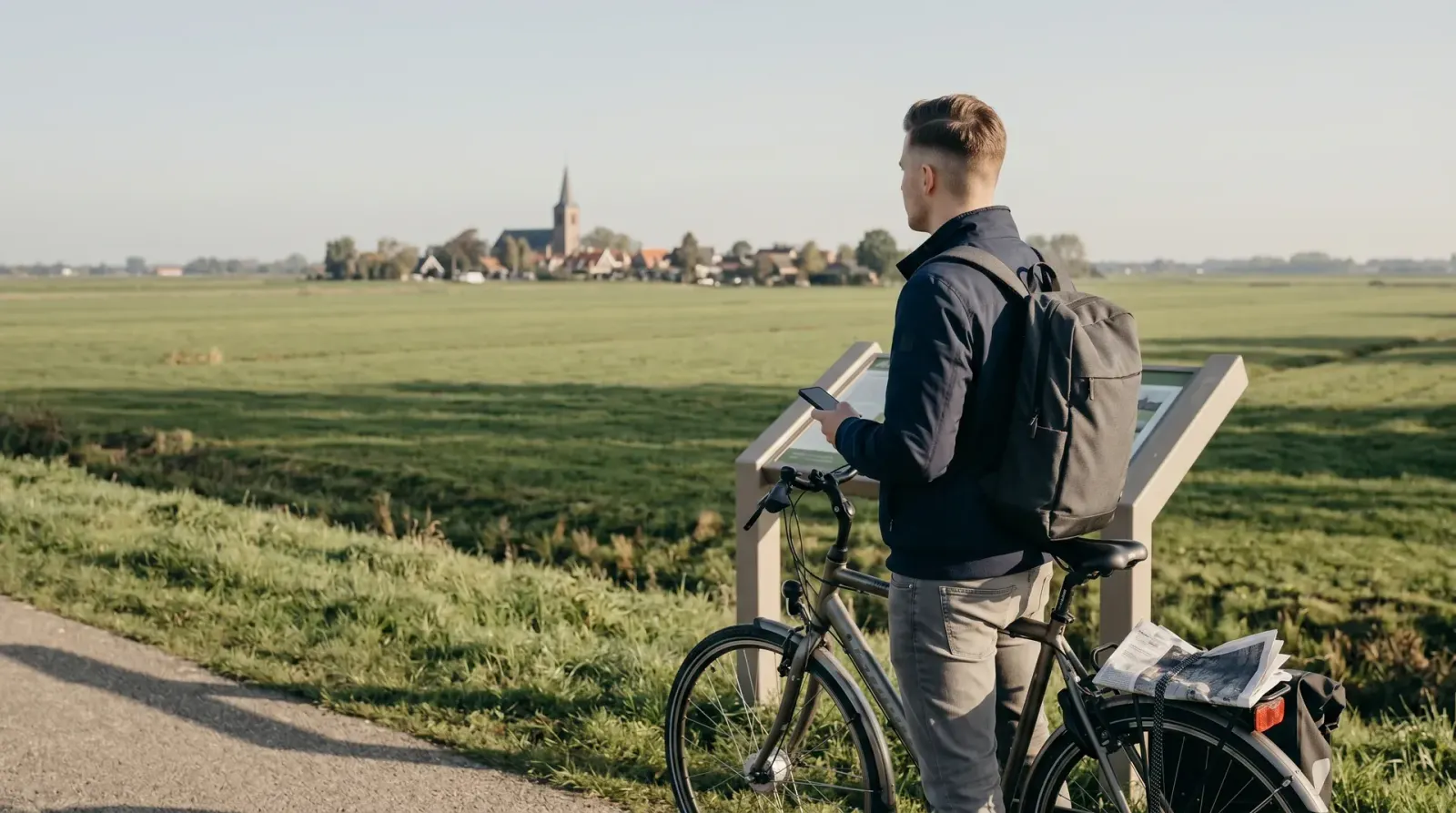 Man met fiets en kaart kijkt uit over groen landschap met dorp in de verte.