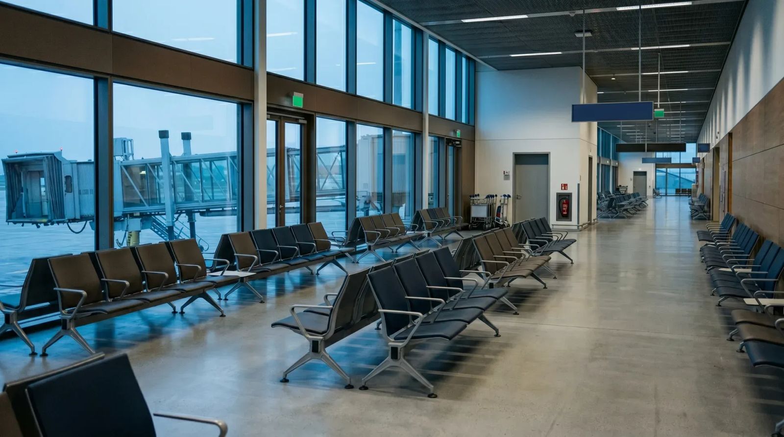 Lege luchthaventerminal met zwarte stoelen, grote ramen met uitzicht op vliegtuigpark en jetway.