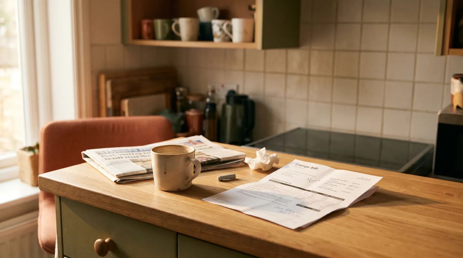 Houten keukentafel met koffiekopje, papieren documenten en agenda in warm daglicht.