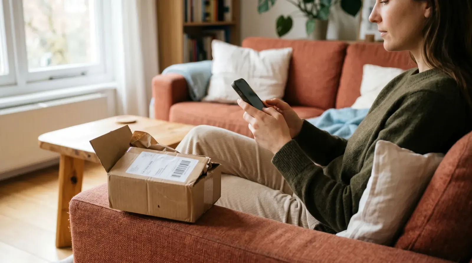 Vrouw zit op bank met smartphone, kartonnen pakket op tafel voor haar.