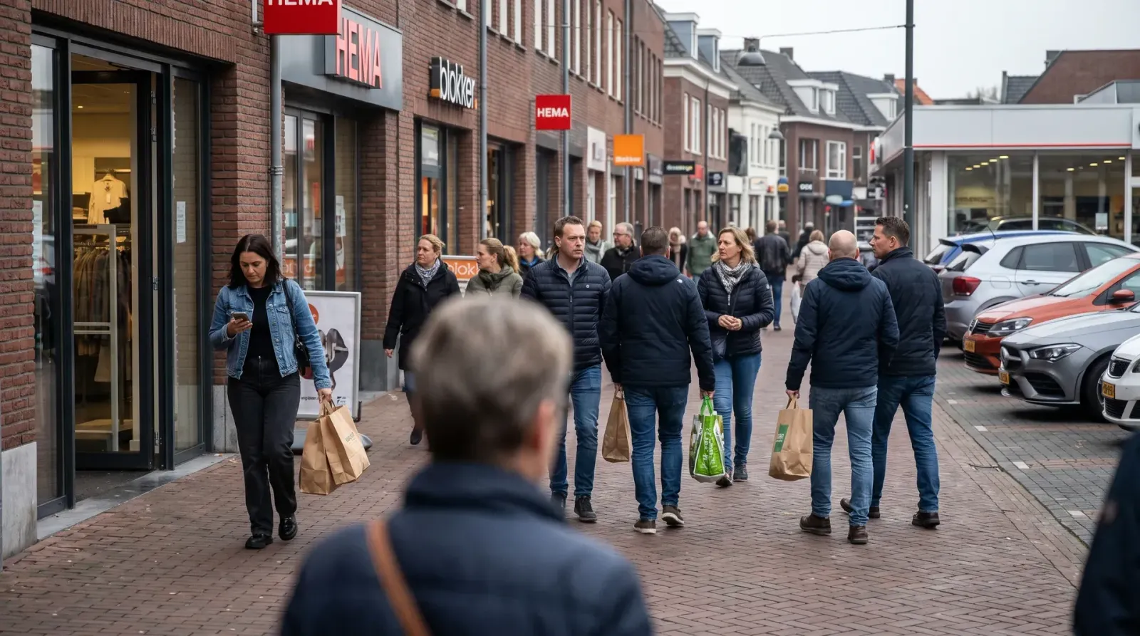 Winkelstraat met mensen die boodschappentassen dragen, HEMA en winkels zichtbaar, straatscène.