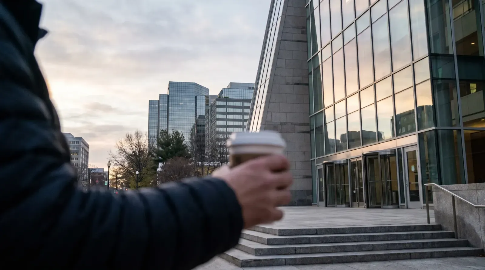 Persoon in donkere jas op groot modern plein voor glazen kantoorgebouwen bij schemering.