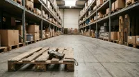 Magazijnhal met stellingen vol dozen, handheld scanner op pallet op voorgrond, fluorescerend licht