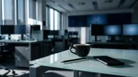 Minimalistisch kantoor met koffiekop, pen en smartphone op glazen tafel, onscherpe computermonitoren op achtergrond