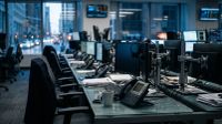 Modern handelsvloer met computers, headsets en telefoons, hoog kantoorgebouw met stadszicht op achtergrond.