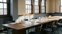 Lege conferentiezaal met lange houten tafel, zwarte stoelen, documenten en glazen water in zonlicht