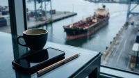 Koffiekopje en notitieblok op bureau met uitzicht op containerschip in havenwater