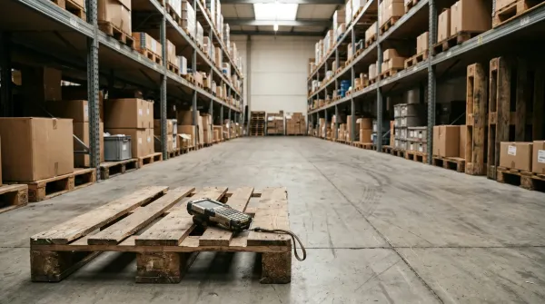 Magazijnhal met stellingen vol dozen, handheld scanner op pallet op voorgrond, fluorescerend licht