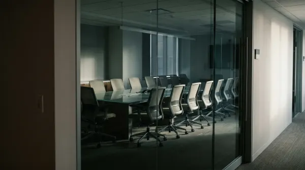 Glazen conferentiezaal met lange tafel en ergonomische bureaustoelen in modern kantoor.