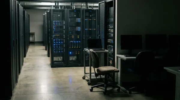 Donkere serverruimte met werkstation en monitor in datacentrum omgeven door zwarte rekken met blauwe en oranje ledlampen.