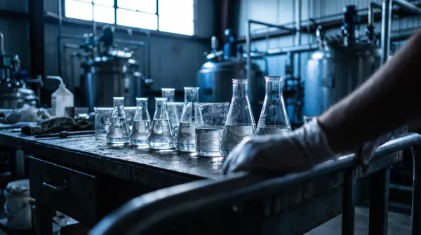 Laboratoriumflessen met helder vocht op werkbank in industriële fabriek met grote ramen