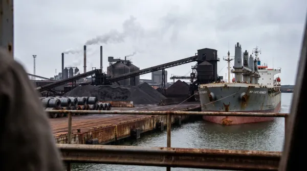 Industriële haven met vrachtschip, opslagtanks, kranen en rookkolommen uit fabrieksschouwen