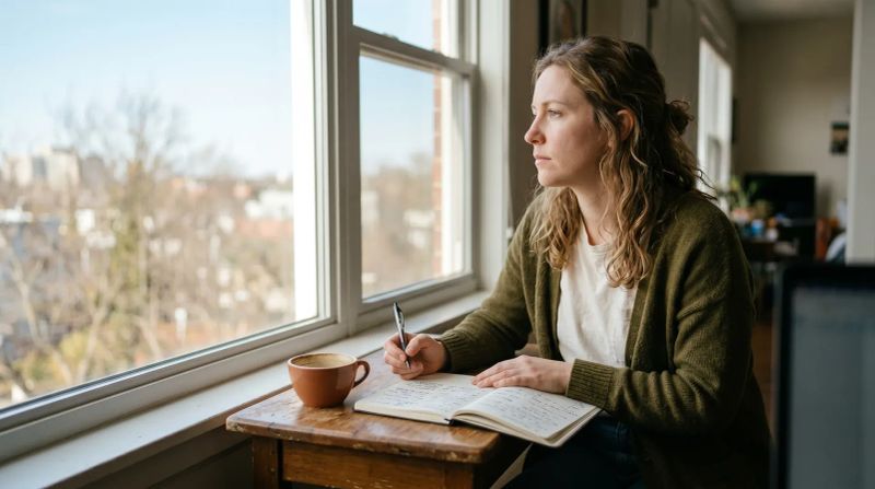 Vrouw bij raam schrijft in notitieboek met koffiekopje, uitzicht op stad
