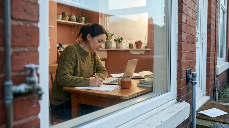 Vrouw aan houten bureau achter raam, schrijvend met laptop en boeken, kopje koffie, warm oranje interieur
