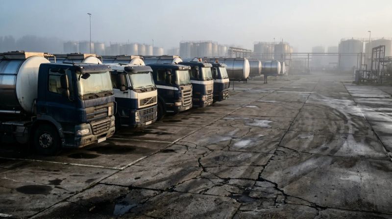 Rij tankwagens op industrieel terrein met opslagtanks en fabrieken in mistige achtergrond
