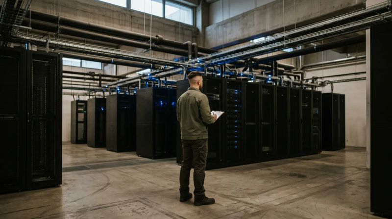 Technicus met clipboard inspecteert serverracks in datacentrum met blauwe bekabeling