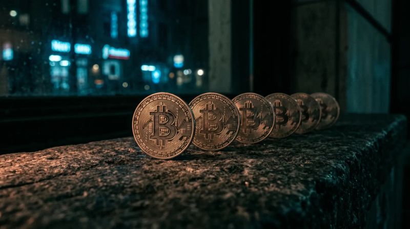 Rij Bitcoin-munten op ruw oppervlak met nachtelijke stadslichten wazig op achtergrond