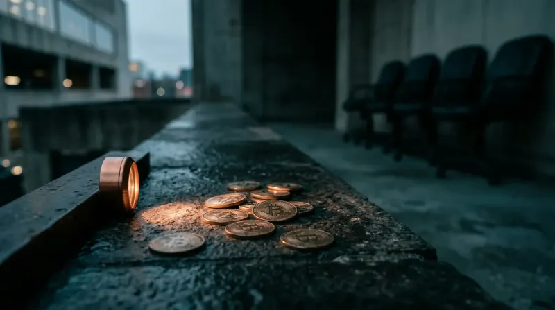 Bitcoin-munten verspreid op natte stenen straat in stedelijk gebied bij schemering, koppelapparaat op de voorgrond.