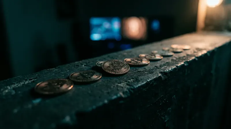 Rij bitcoin-munten op donkere ondergrond met blurred lichten op achtergrond