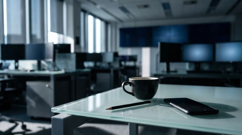 Minimalistisch kantoor met koffiekop, pen en smartphone op glazen tafel, onscherpe computermonitoren op achtergrond