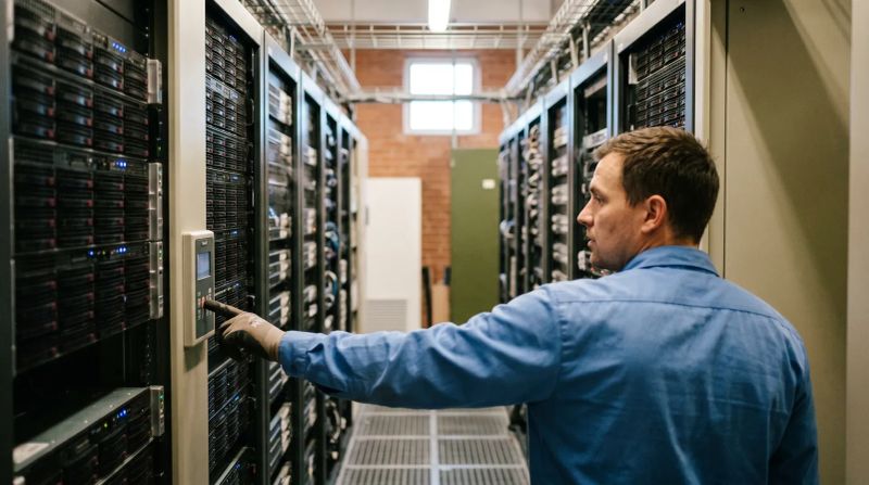 Technicus in blauw shirt inspecteert serverrekken in datacenter met rode LED-indicatoren
