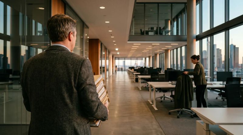 Man in grijs pak loopt door modern kantoor met glazen wanden en uitzicht op stadssilhouet